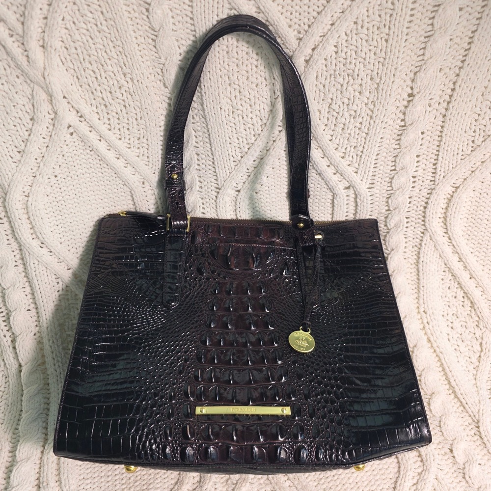 Brahmin Melbourne Anywhere Tote Bag Dark Brown Red Croc Embossed Leather